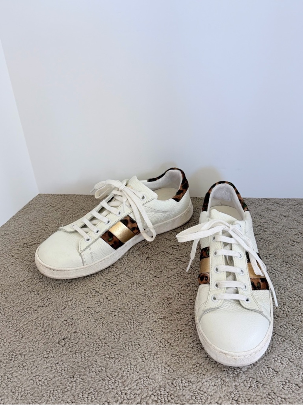 RUSSELL & BROMLEY Women’s White Leather Trainers Gold and Leopard Accent Sz EU38